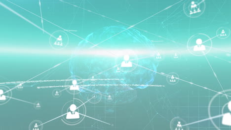 animation of network of connections with icons and data processing over digital brain