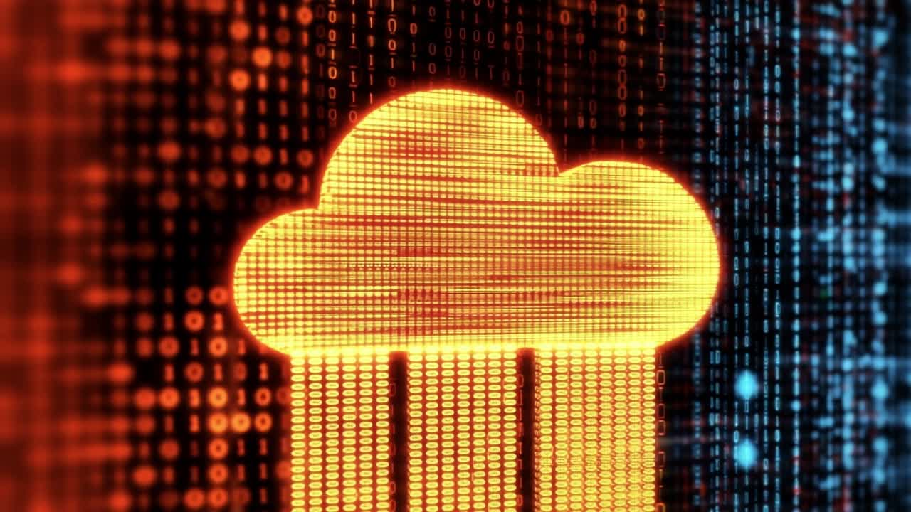 Digital cloud storage concept with data. An abstract representation of cloud storage surrounded by binary code.