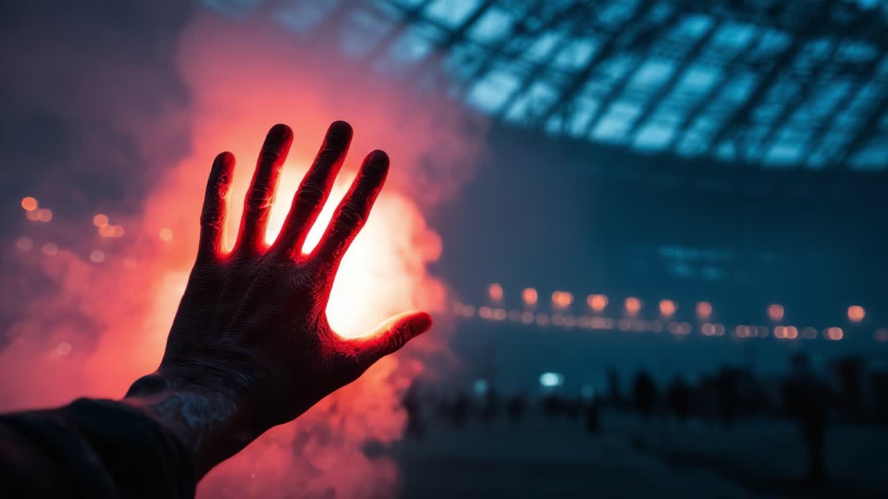 A Dramatic Display of Light and Shadow: A Hand Emitting Fiery Glow Surrounded by Atmospheric Smoke Inside a Grand Space, Emphasizing Intensity and Emotion