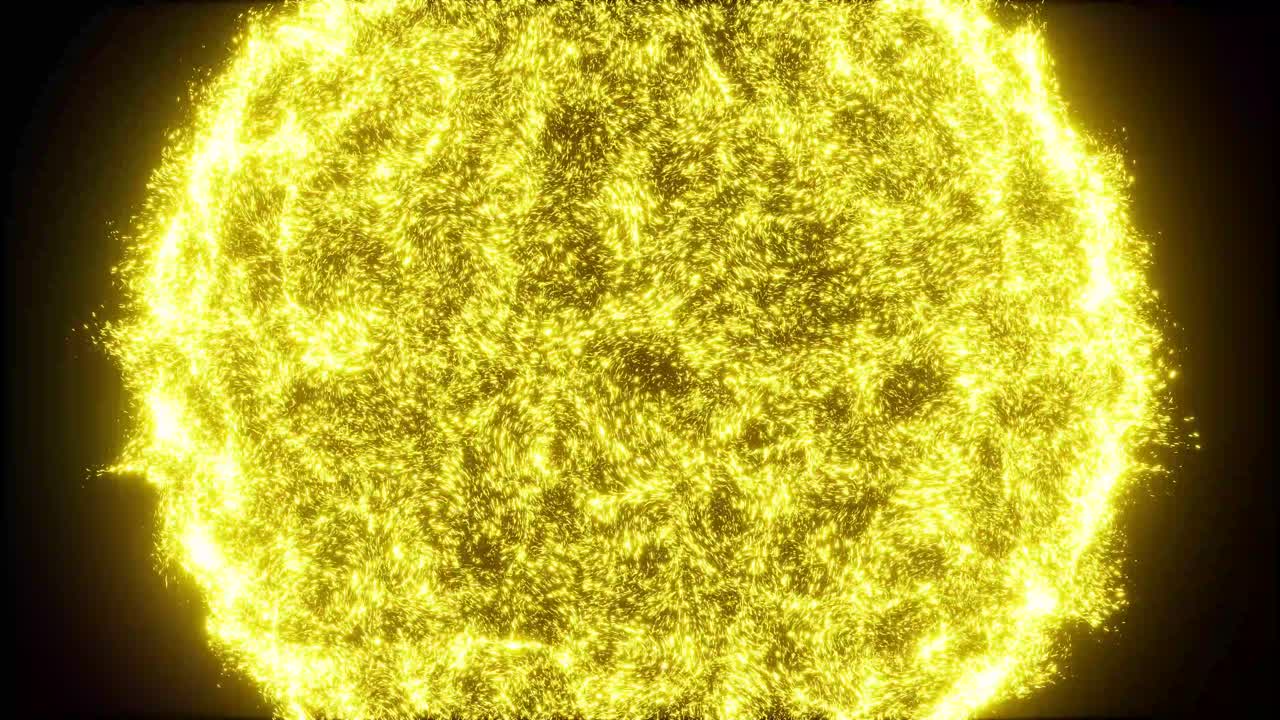 efectos visuales, vfx, partículas de esfera solar de cerca en fondo negro animación en 3d