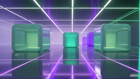 futuristic neon grid with translucent cubes