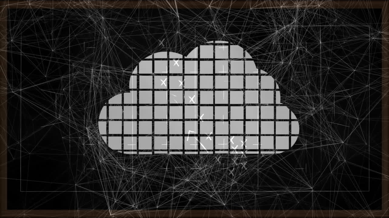 Digital blocks forming cloud with network lines on black background animation