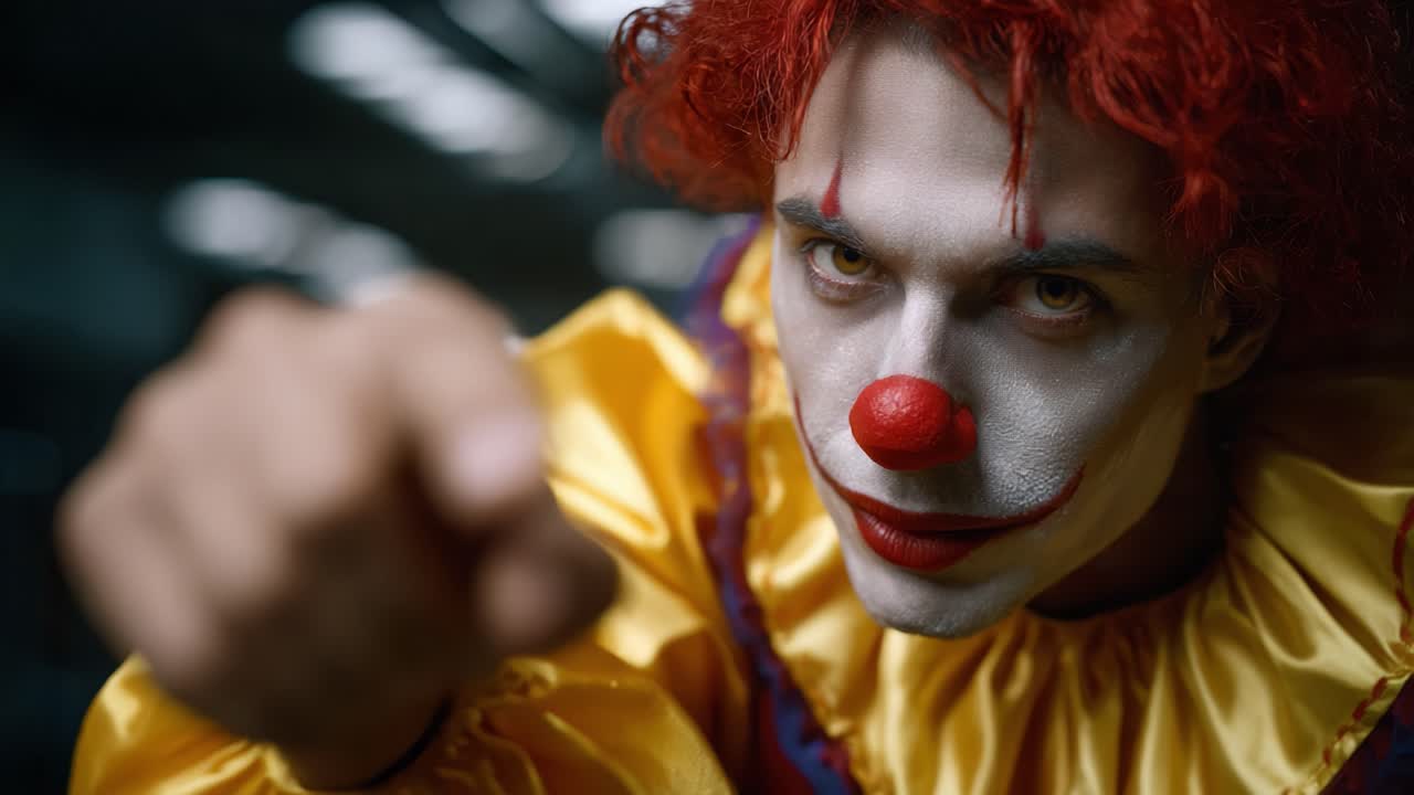 A Clown with Bright Red Hair and Colorful Costume Points Directly at the Camera in an Intense Close-Up Scene Highlighting the Eerie Atmosphere of the Video