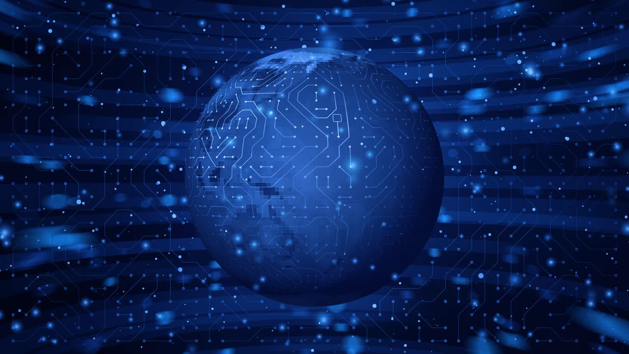 blue digital earth globe background with illuminated circuit board lines data particles and abstract technology network, electronic data system, cloud computing, global data flow, loopable animation