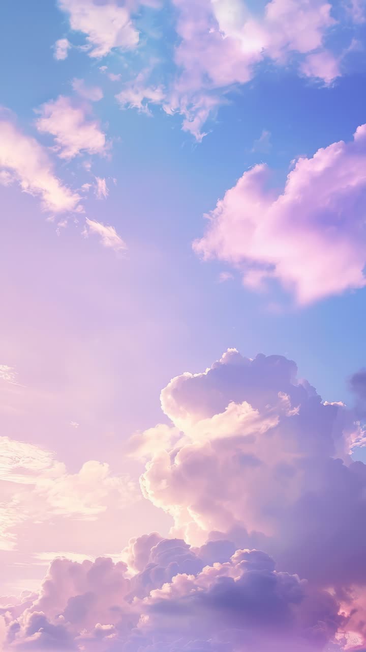 A dreamy, pastel-colored sky with fluffy clouds captured from a low-angle, perfect for a serene
