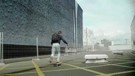 well-dressed entrepreneur businessman portrait of a young attractive trendy man skateboarding on a sunny morning day with a modern urban city background