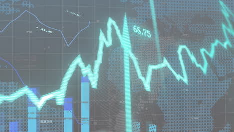 Animation-Der-Statistischen-Und-Finanziellen-Datenverarbeitung-über-Einem-Sich-Drehenden-Globus-Vor-Grauem-Hintergrund