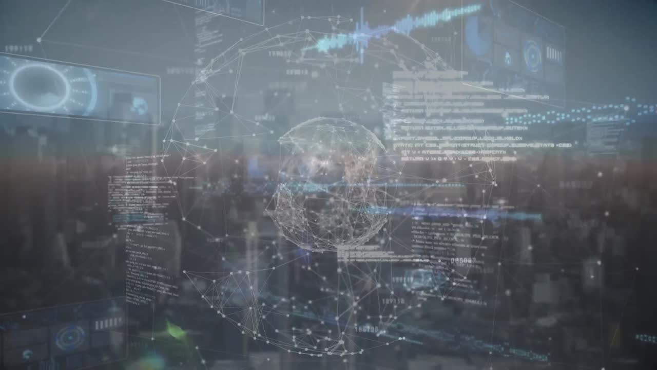 Animation of globe and data processing over cityscape