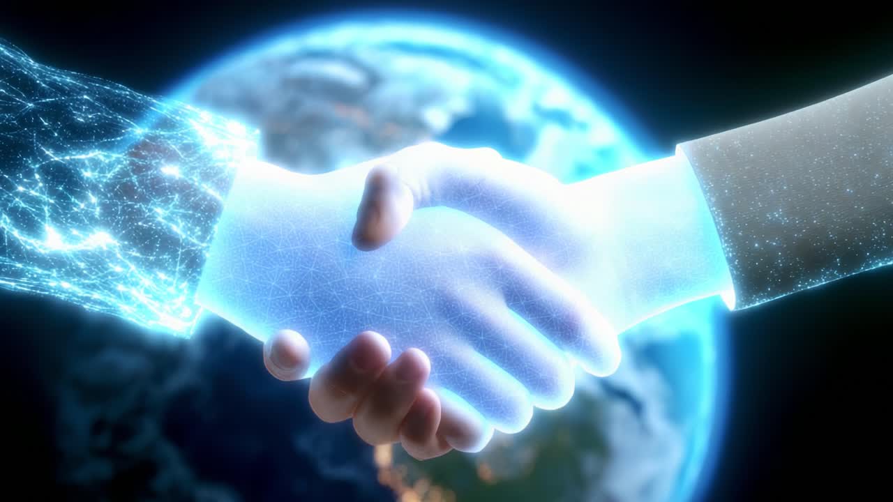 A Glowing Connection: The Visual Representation of Unity Between Human and Digital Worlds, Symbolizing Collaboration and Innovation, with Earth's Beauty as a Backdrop for Progress and Future Endeavors