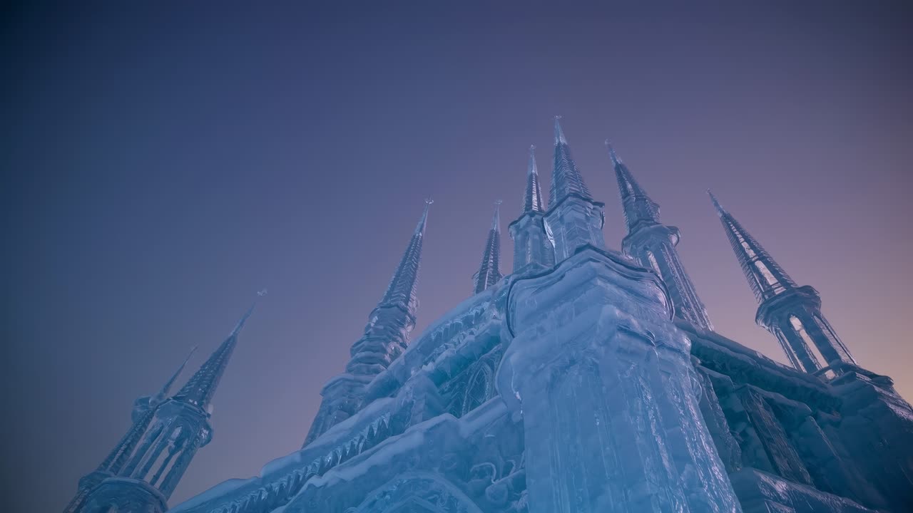 Low-angle shot of an icy castle with spires, creating a mystical, fairytale atmosphere
