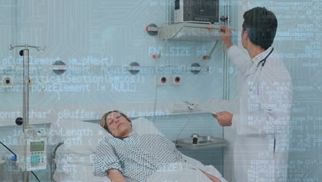 Animation-of-computer-language,-diverse-doctor-with-notepad-adjusting-machine-and-talking-to-patient