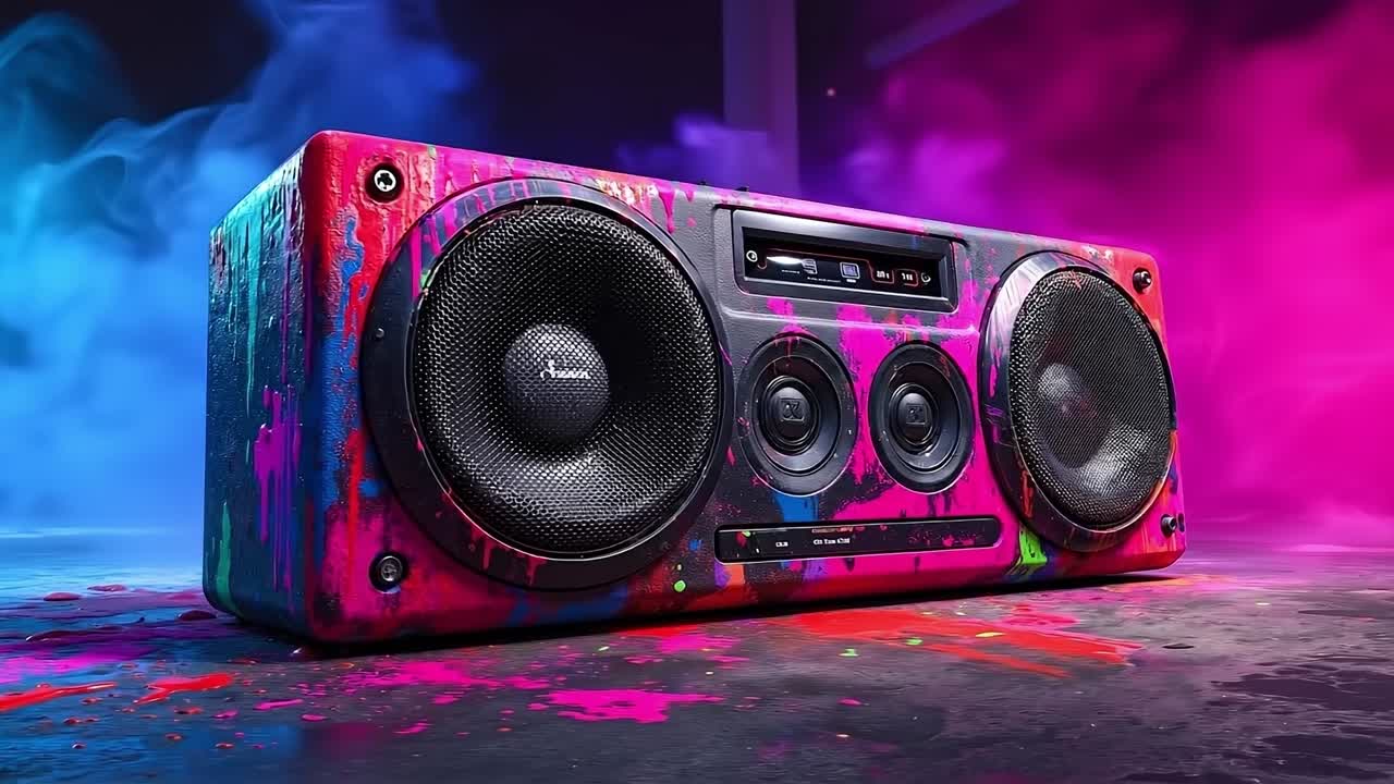 A colorful boombox with paint splatters on the side of it
