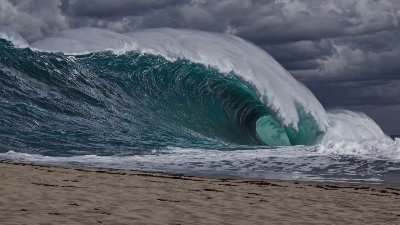 Dramatic video of a massive wave crashing on a beach, captured from a low-angle perspective