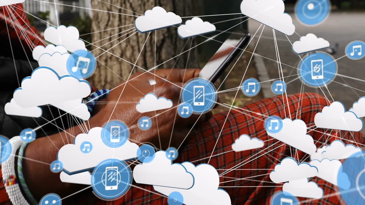 Using smartphone outdoors, person interacting with cloud and music animation icons