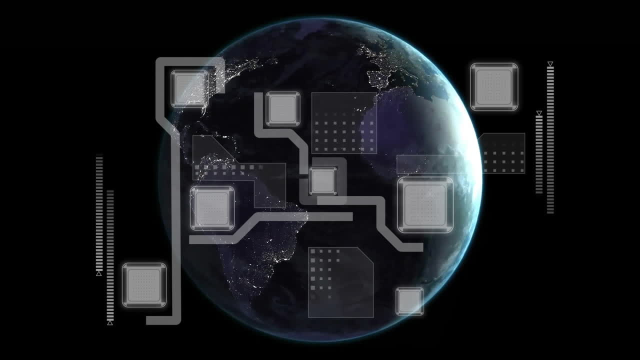 Digital circuit animation over Earth at night, showing global technology connectivity