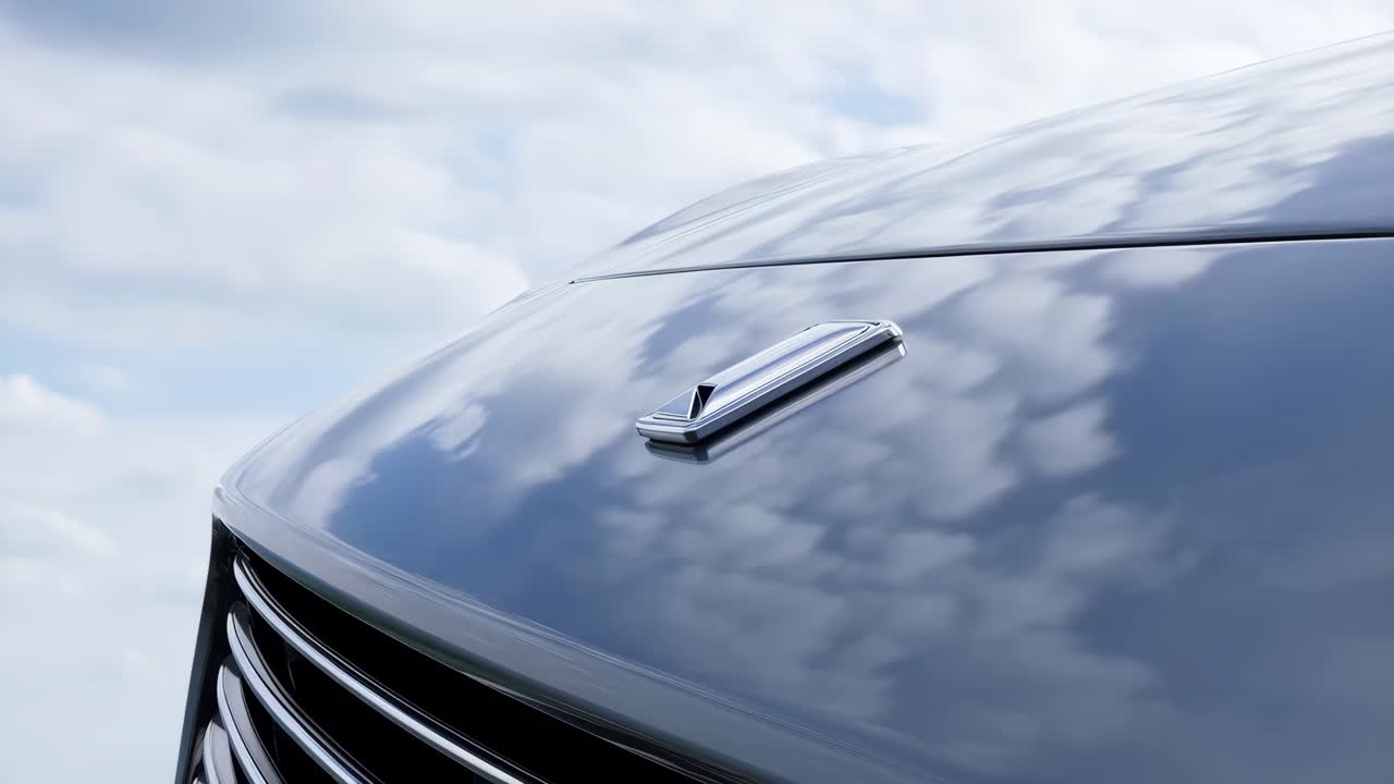 Close-up of a luxury car's hood ornament against a cloudy sky