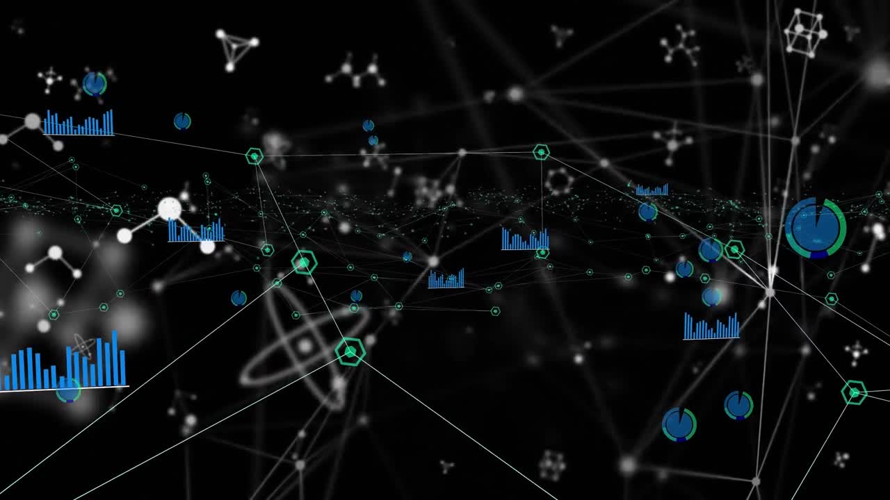 Animation of molecular structures floating over network of digital icons against black background