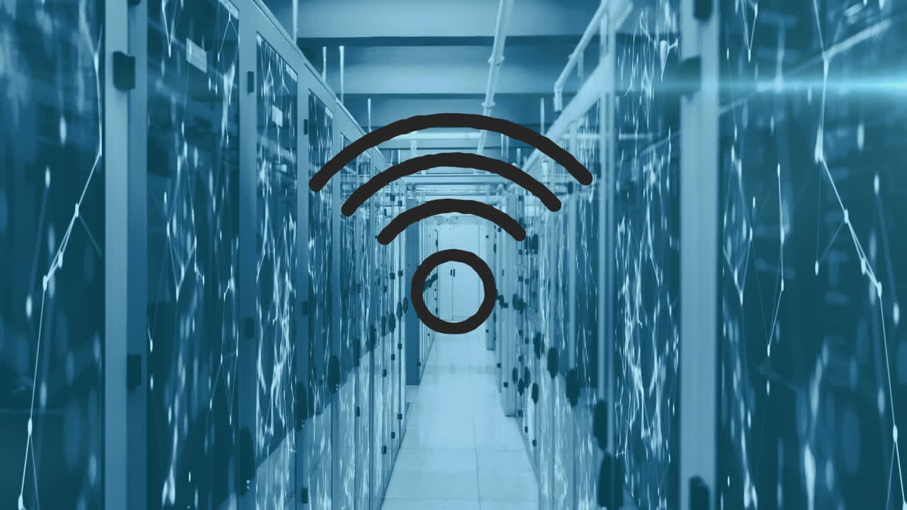 Animation of wifi symbol over tech room with computer servers