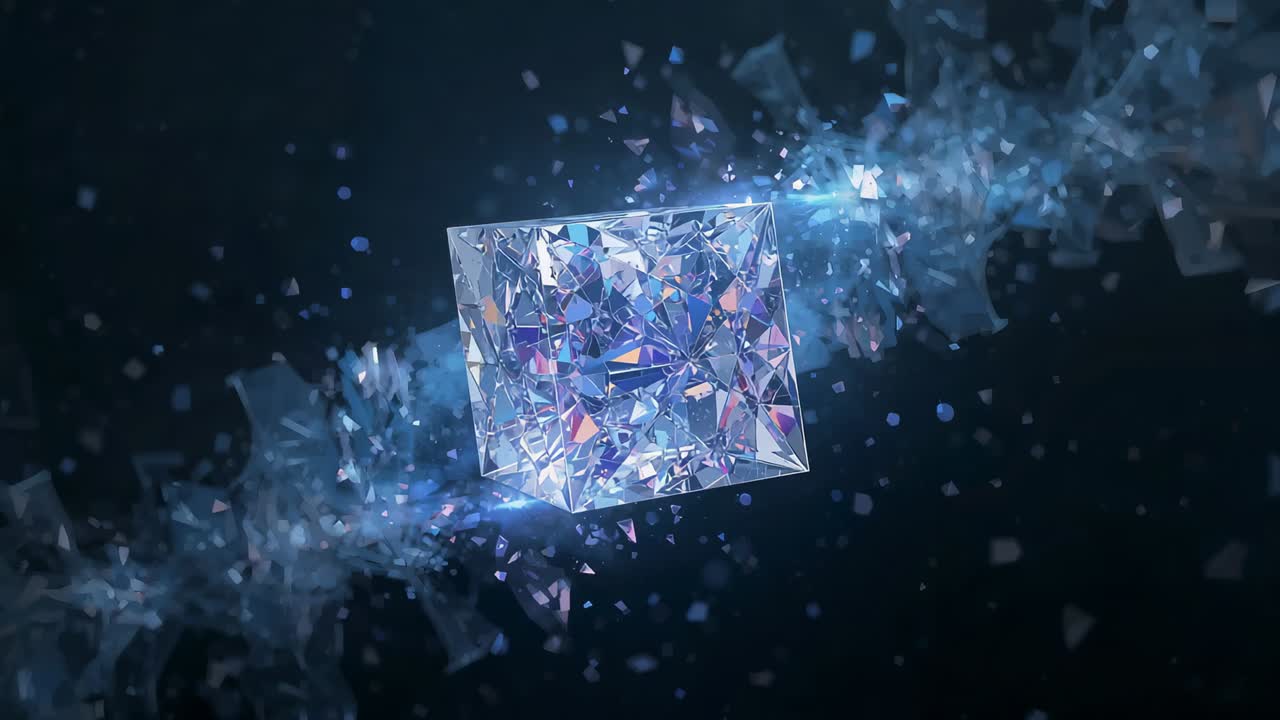 Rotating transparent crystal cube revealing blue-violet facets in dark void, with flowing shards