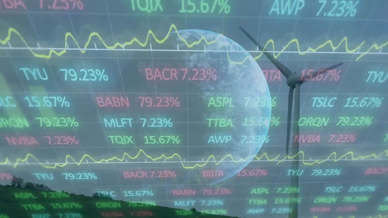 금융 데이터 처리의 애니메이션과 풍력 터빈 위의 지구