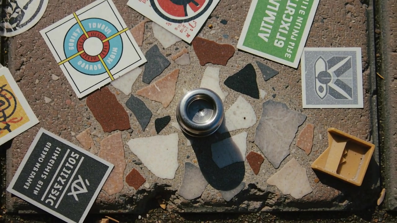 Panning back camera revealing terrazzo slab on plaza, showing metal cylinder, stickers