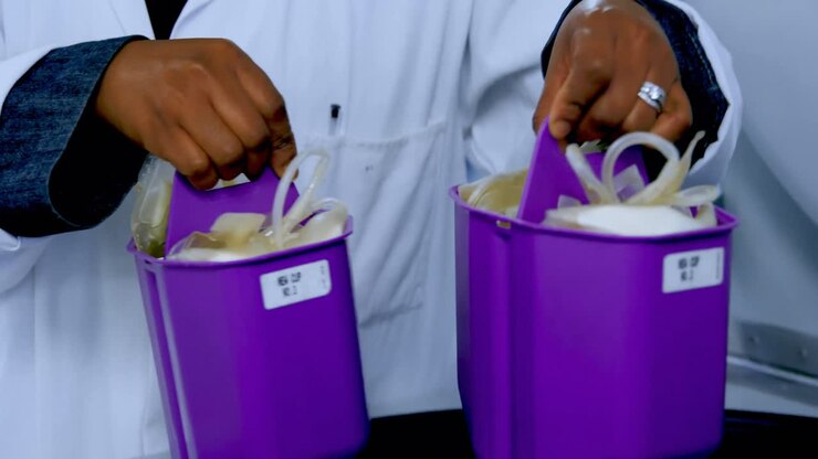 Laboratory technician taking out blood bags from machine 4k