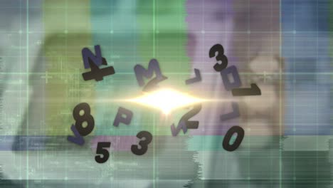 Animation-of-light-spot-over-changing-numbers-and-alphabets-against-test-screen-glitch