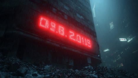 Grimy dystopian city with towering buildings shrouded in thick fog. A bright red digital sign on a decaying skyscraper illuminates the dark, polluted street covered in rubble and trash