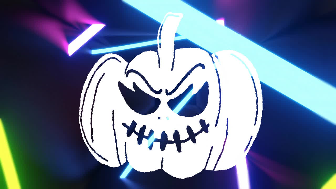 Animazione di una zucca spettrale che si illumina con vivaci luci al neon in un ambiente buio.