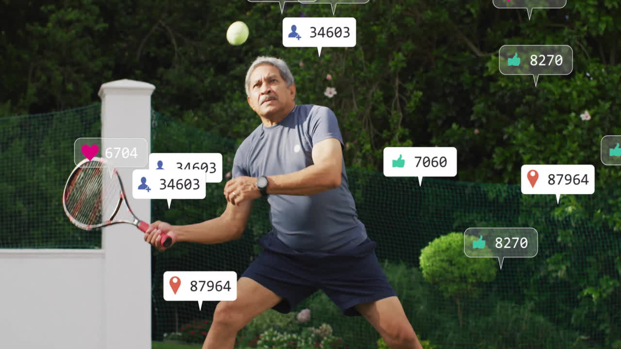 Senior man playing tennis on court, highlighting marketing metrics and social icons floating above