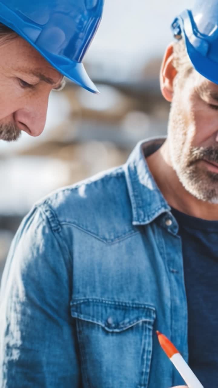 Two construction workers in blue hard hats collaborate on a project, focusing on details and measurements as they prepare for the tasks ahead in a bustling work environment