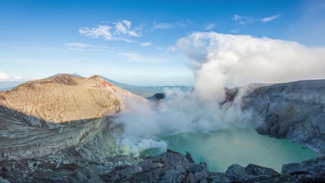 timelapse of mount ijen, active volcano and sulphur mine with acid blue lake and sulphur gas.