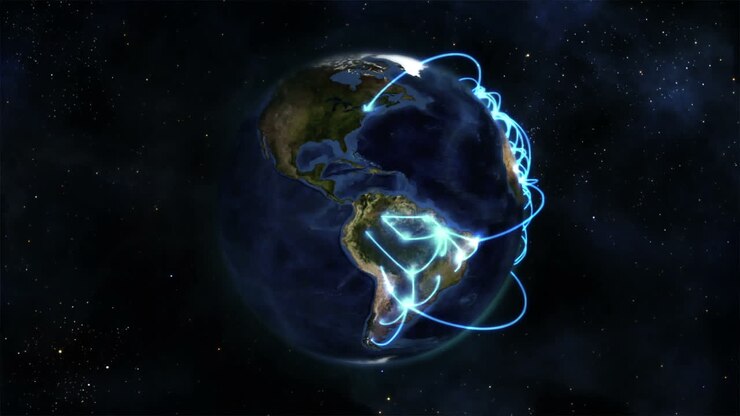 Terra com conexões azuis girando sobre si mesma, com imagem da Terra cortesia da Nasa.org