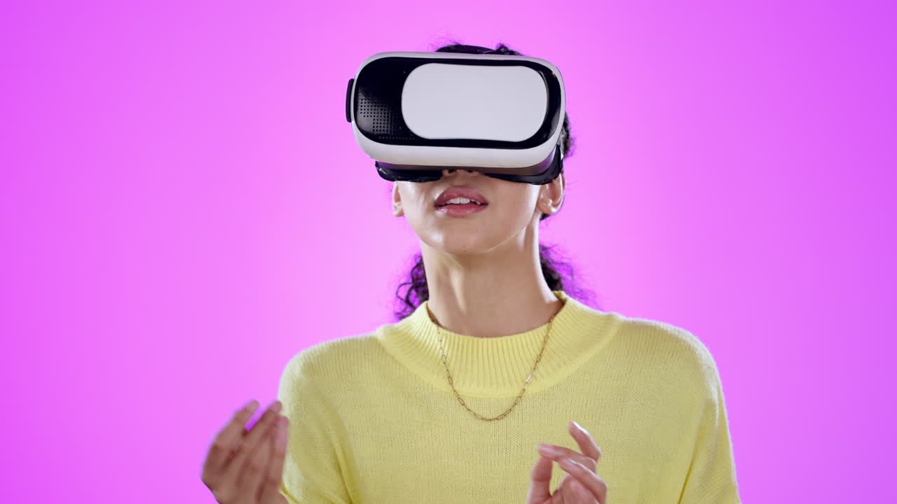 vr, touch e woman in 3d metaverse in studio