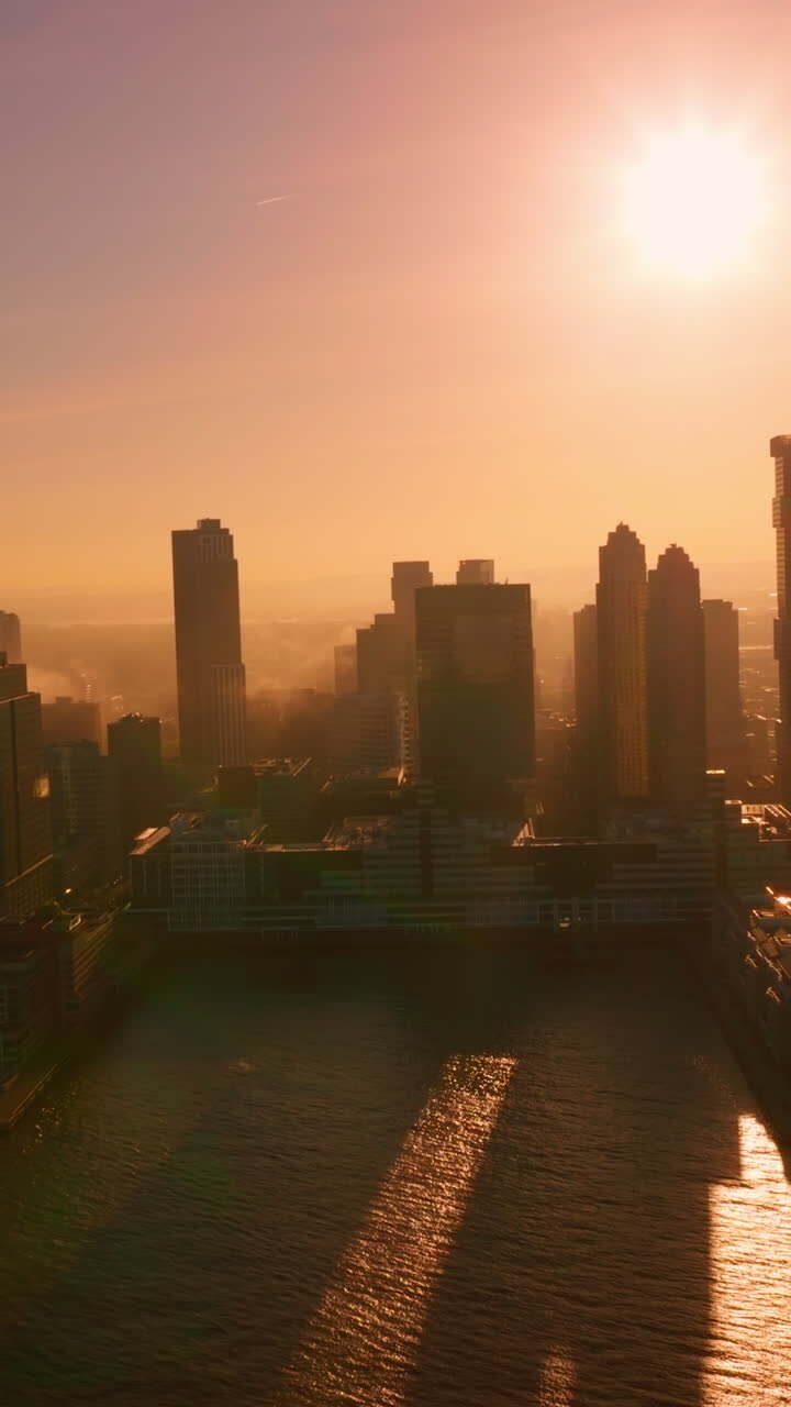 Silhouettes of amazing buildings at Manhattan island. New York architecture in the dim light of pink setting sun. Vertical video