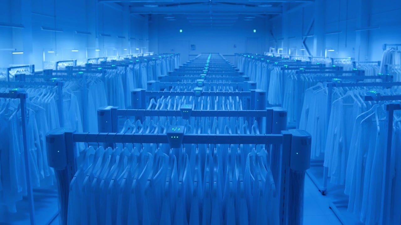 Automated Racks Transporting White Uniforms in a Modern Cleanroom