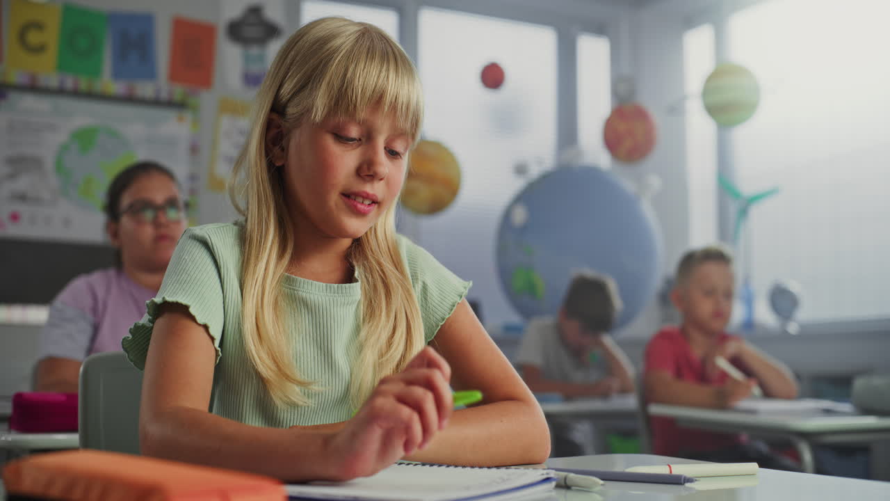 Primary school girl sitting at desk raising hand a 2025 08 19 18 55 26 utc.mov | active, answer, asking, back to school