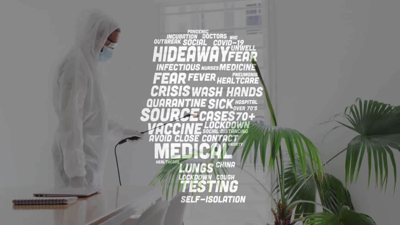 사무실 을 소독 하는 사람 과 함께 반 ⁇ 이는 단어 들 의 애니메이션