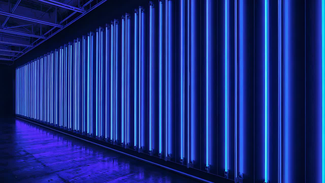 Tracking camera moving along blue LED tube wall at exhibition showing depth and casting reflections