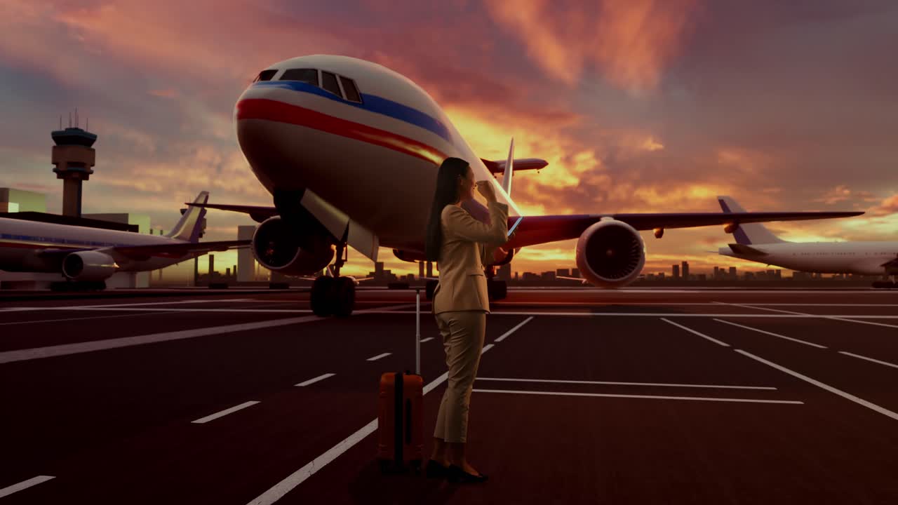 Donna d'affari con bagagli che usa il telefono in aeroporto al tramonto