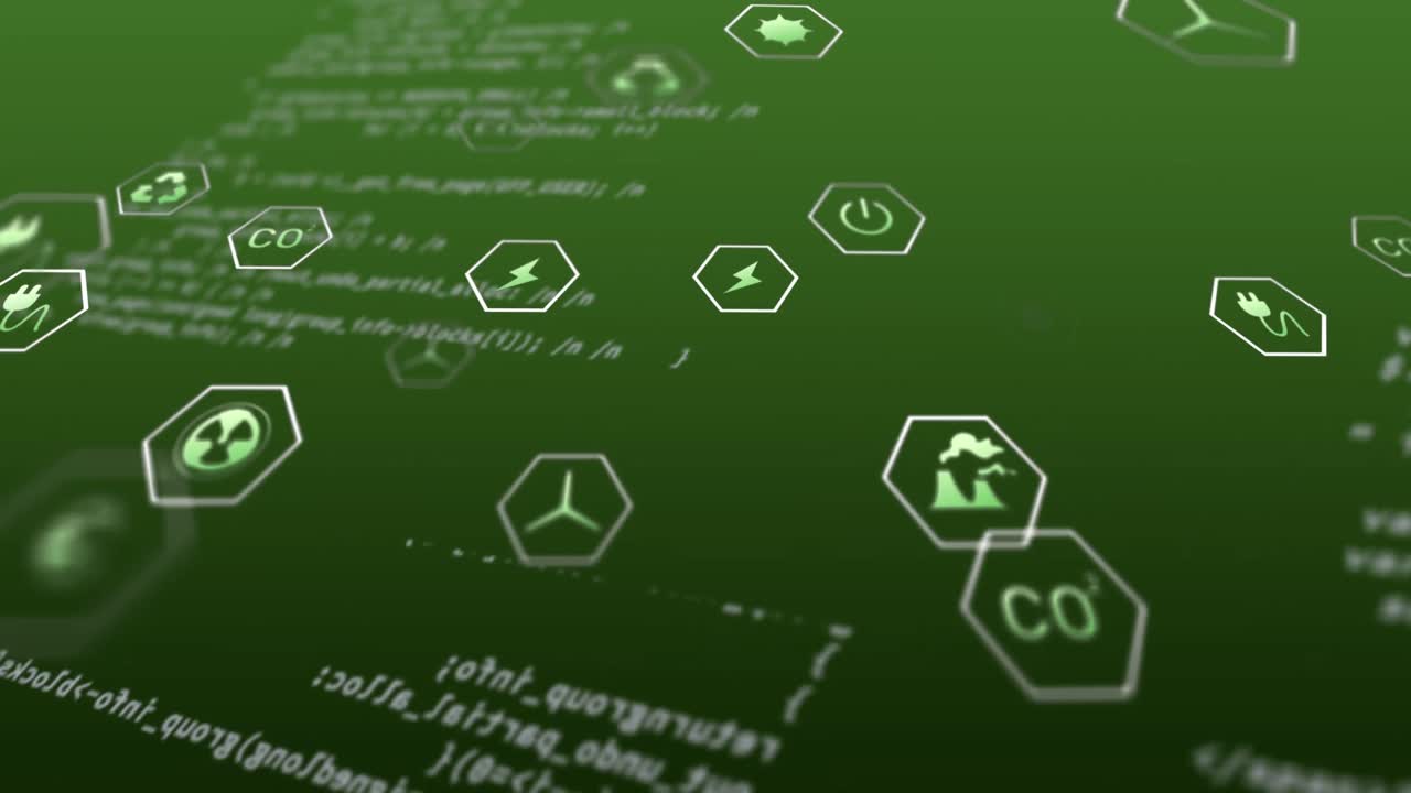 녹색 배경에 있는 데이터 처리 및 생태 아이콘의 애니메이션