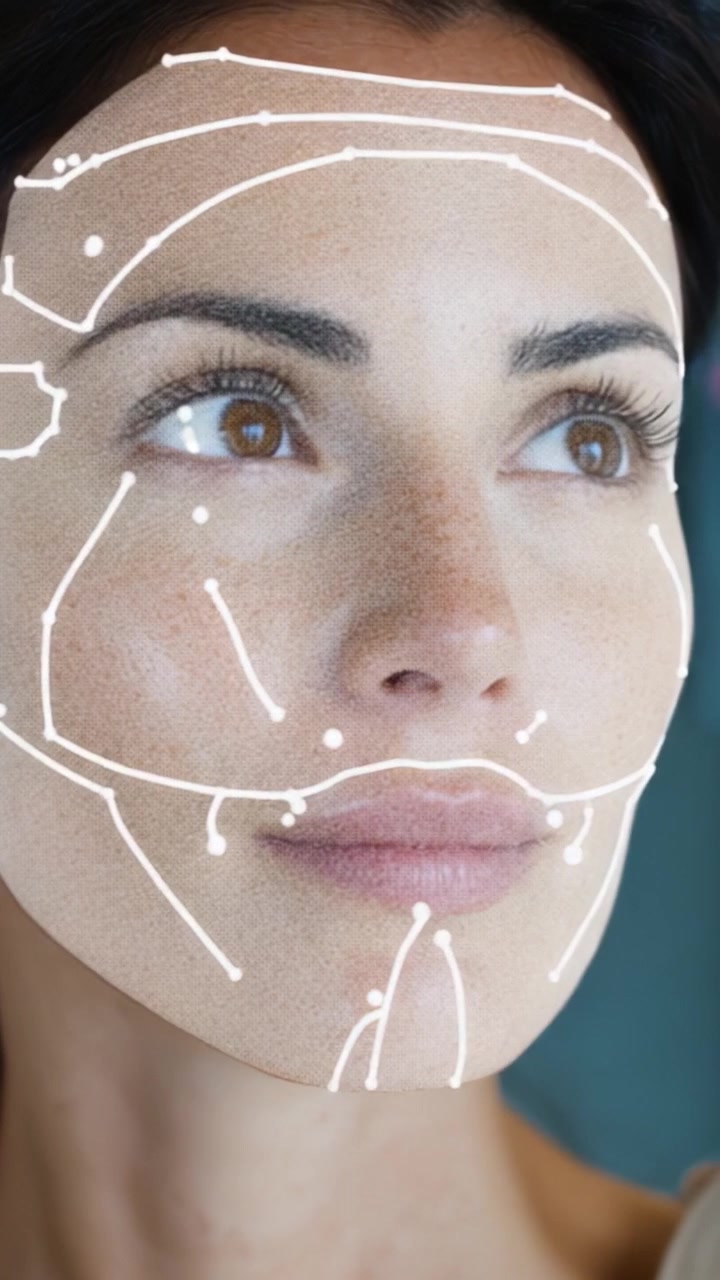 Close-up of a woman's face featuring dotted lines and facial mapping technology demonstrating beauty and skin analysis with a serene expression.