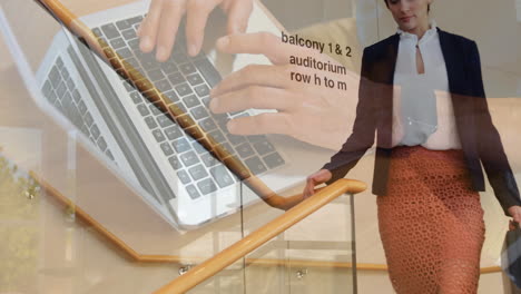 animación de manos usando una computadora portátil sobre una mujer de negocios que baja las escaleras en el lugar de trabajo