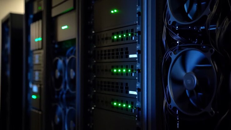 Server Racks with Blinking Green Lights and Cooling Fans in a Data Center