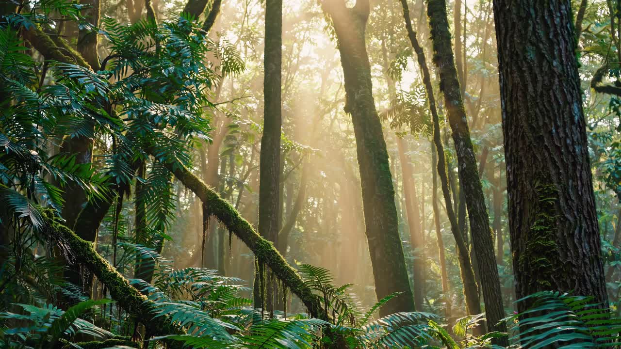 A serene forest scene with sunlight filtering through trees, captured from a low angle