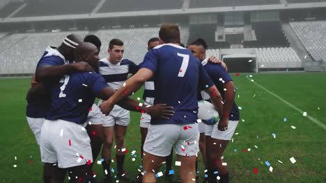 digital composite video of multi colored confetti falling against team of rugby players