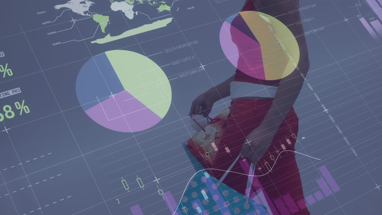 animación de procesamiento de datos y gráficos sobre la sección media de una mujer biracial caminando con bolsas