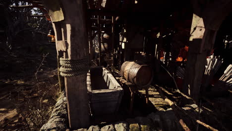 ancient workshop with barrel and rustic tools in a weathered forest setting