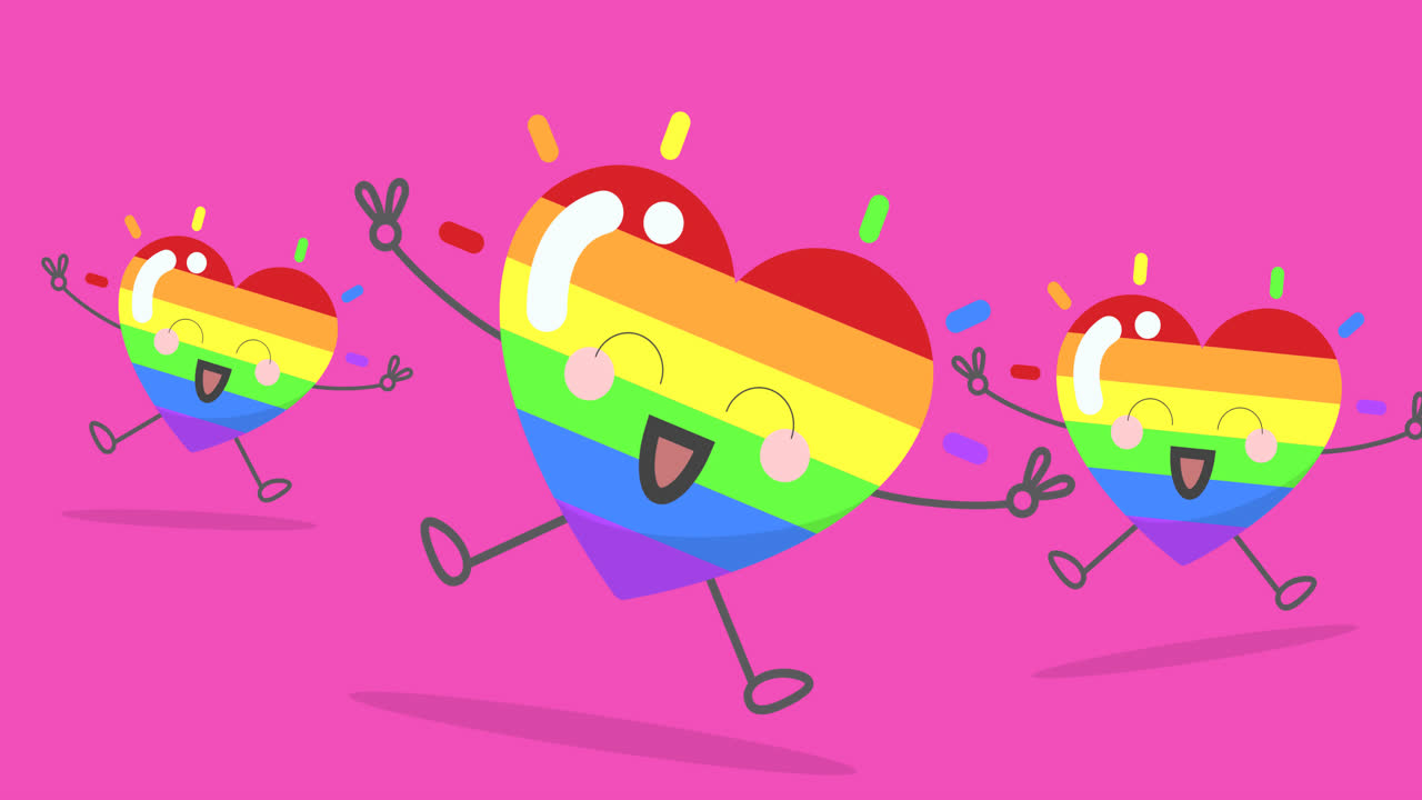 animación digital de tres hermosos corazones sonrientes de colores arco iris contra un fondo rosado