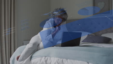 animation of data processing over senior african american woman using laptop